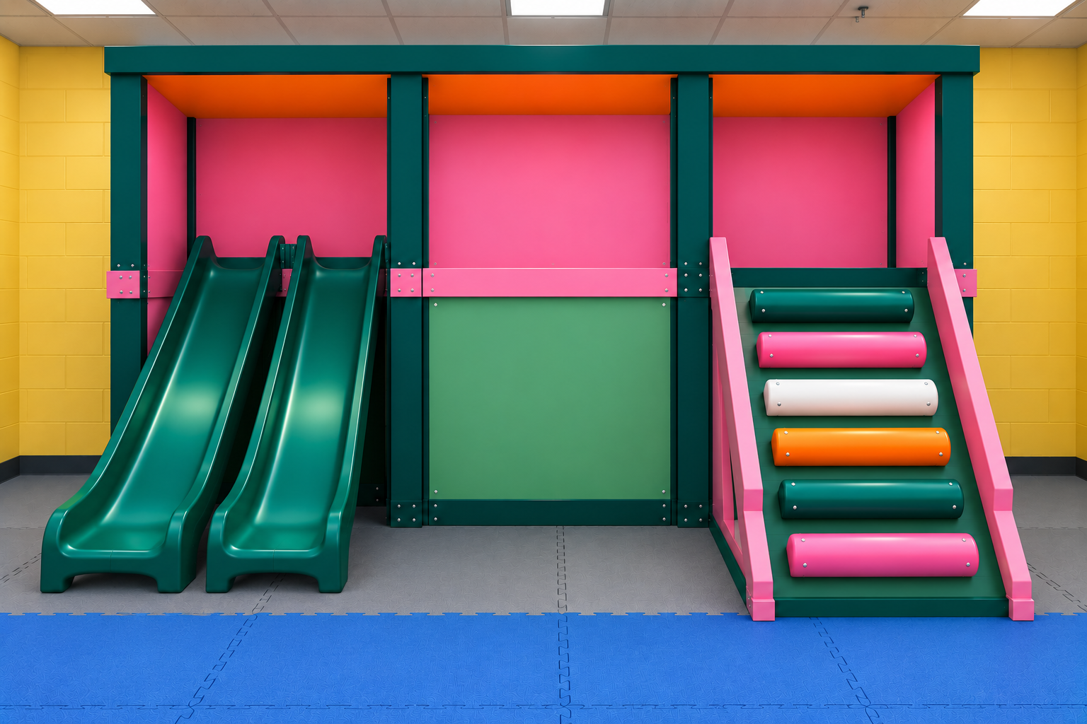 Colorful indoor playground with slides and climbing structures